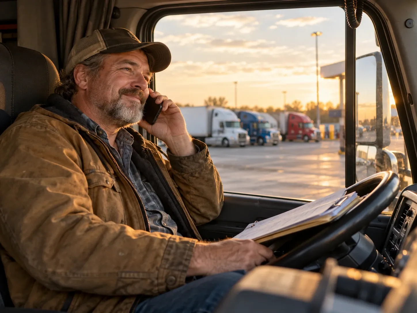 A trucker in the cab of a truck, on the phone with paperwork in hand