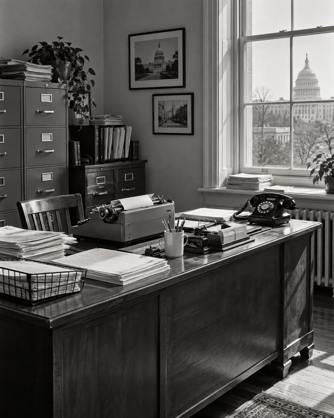 A 1960s Washington, DC office with a typewriter and rotary phone